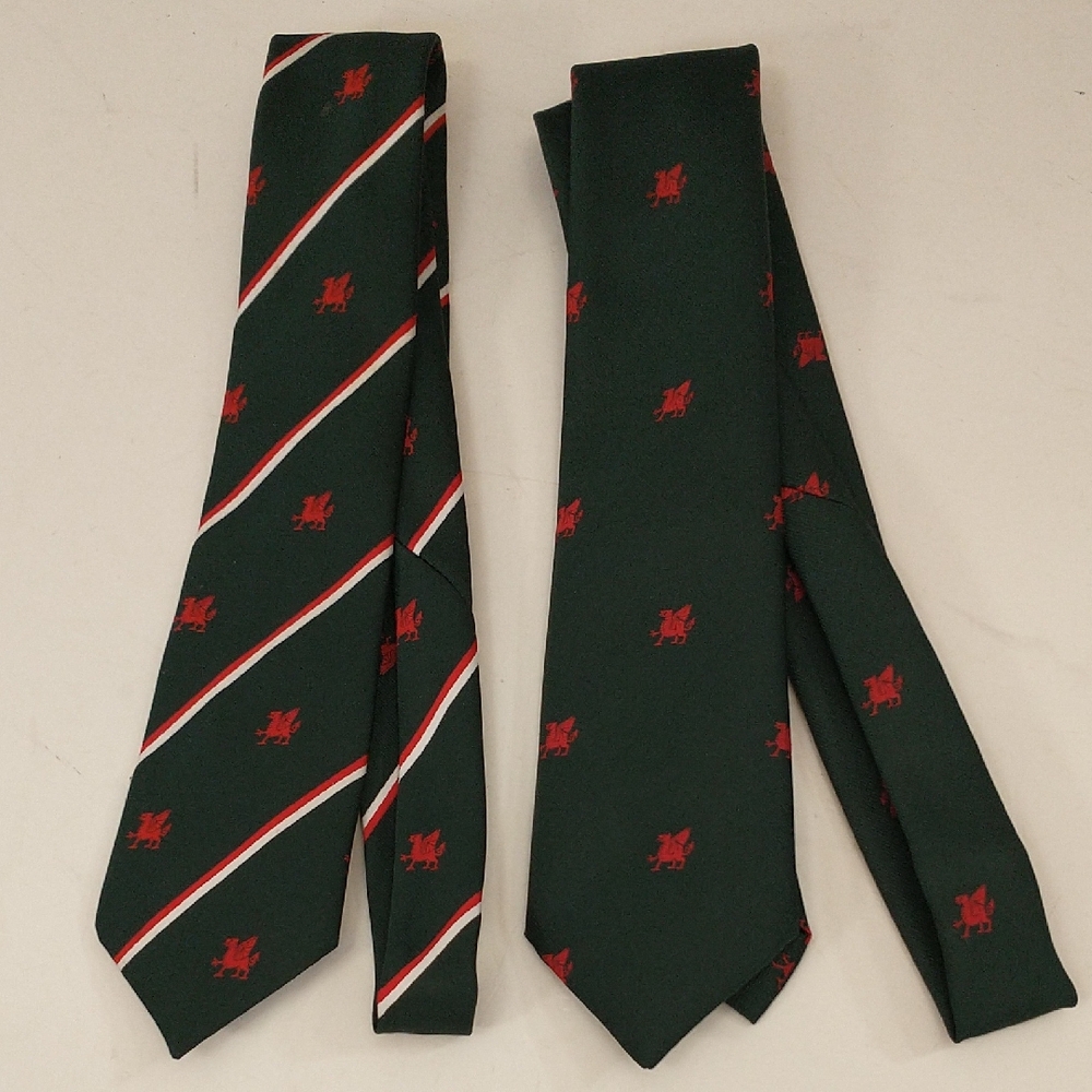 Welsh Dragon Two Men's Ties Made In Wales & Made In England Red on Dark Green